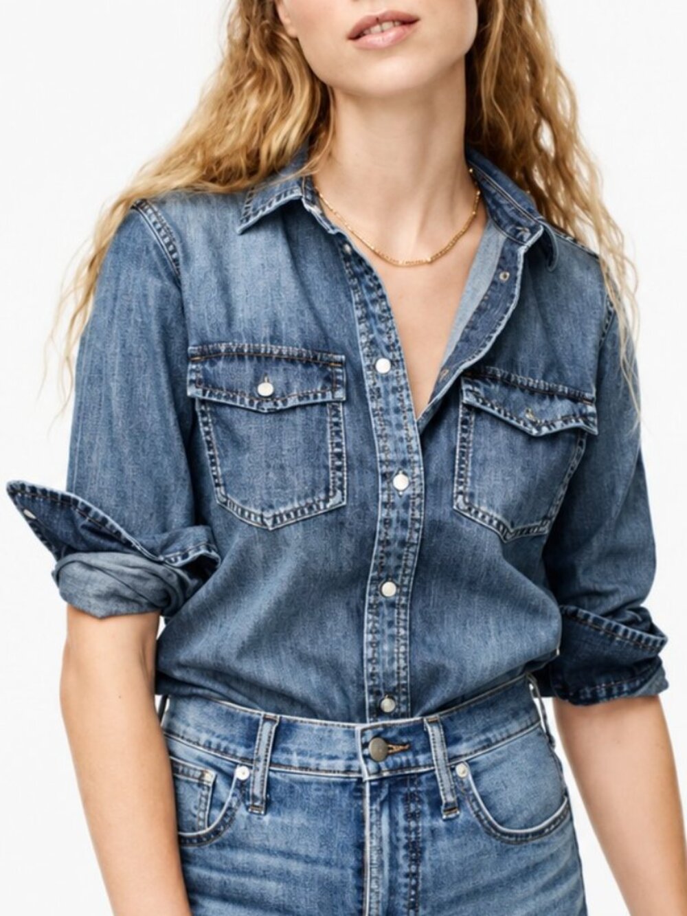 J. Crew Western Chambray Denim Shirt Cotton Pearl Studs Vintage Indigo Sz 18 XL